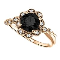 1.00 CT Vintage Floral Black Diamond Engagement Ring 14k Rose Gold, Antique Flower Natural Black Diamond Ring, Victorian Floral Black Diamond Ring, Awesome Ring For Her