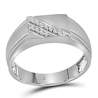 The Diamond Deal 10kt White Gold Mens Round Diamond Diagonal Row Flat Top Fashion Ring 1/12 Cttw