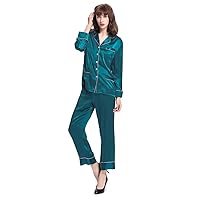 LilySilk Women's Long Silk Pajamas Set V Neck Notched Collar with White Trimmed