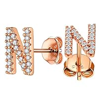Hypoallergenic Initial Earrings Rose Gold Plated Dainty Minimalist Jewelry Cubic Zirconia Alphabet A-Z Letter Stud Earrings for Women Girls Sensitive Ears, Letter N