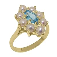 Solid 9k Yellow Gold Natural Blue Topaz & Cultured Pearl Womens Cluster Ring - Sizes 4 to 12 Available