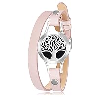 Wild Essentials Tree of Life Essential Oil Bracelet Diffuser, Leather Wrap Band, Stainless Steel Locket Pendant, 12 Color Refill Pads, Customizable Color Changing Perfume Jewelry, Aromatherapy, Pink
