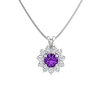Beautiful Round Shape Created Amethyst & Cubic Zirconia 925 Sterling Sliver Halo Cluster Pendant Necklace for Women's,Girls 14K White/Yellow/Rose Gold Plated (White)