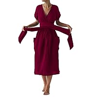 Women's V-Neck Short Sleeve High Waist wrap Dress Summer Dress for Women with Pockets S-2XL