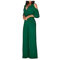 Womens Jumpsuits,Sexy Casual V-Neck Short Sleeve Solid Jumpsuit Off Shoulder Wide Leg Loose Summer Rompers