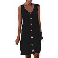 Beach Sundress for Women Casual Summer Sleeveless Lace Eyelet Dress Loose Fit Knee Length Tank Dress with Button Decor