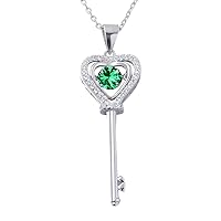 Beating Heart Key Necklace 925 Sterling Silver with White Gold Plated Cubic Zirconia Dancing Birthstone Pendant Forever Love Necklaces Jewelry Gifts(May Emerald)