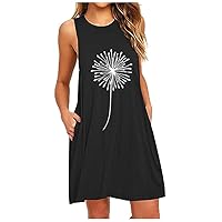 Summer Dresses for Women Beach Floral Crew Neck Sleeveless Tshirt Sundress Casual Pockets Elegant Knee Length Tank Dress