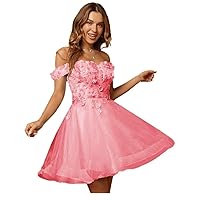 Sparkly Tulle Homecoming Dresses Off Shoulder 3D Flowers Short Lace Prom Party Gowns for Teens