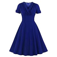 Wellwits Women's V Neck Wrap High Waist Solid Retro 40s 50s 60s Vintage Dress