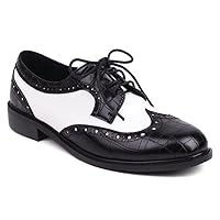 Women's Flat Lace Up Two Toned Oxford Shoes Wingtip Perforated School Uniform Saddle Oxfords Brogues