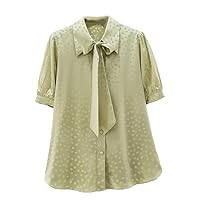 Women Silk Lapel Short Sleeves Shirt Simple Slim Loose Blouse Office Lady Casual Shirts