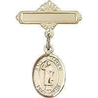Baby Badge with St. Stephen the Martyr Charm and Polished Badge Pin | 14K Gold Baby Badge with St. Stephen the Martyr Charm and Polished Badge Pin - Made In USA