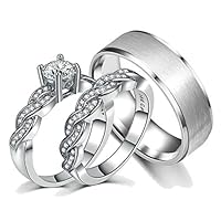 CEJUG Wedding Ring Sets for Him and Her Women Men Titanium Stainless Steel Bands 18k White Gold 1.5Ct Cz Couple Rings