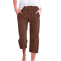 Women Linen Pants Casual Summer 2024 Pants Drawstring Capris Pockets Straight Wide Leg Cropped Trousers