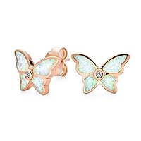 Tiny Garden Dragonfly Insect Inlay Gemstone Blue White Created Opal Firefly Butterfly Stud Earrings For Women Teen Rose Gold Plated .925 Sterling Silver October Birthstone