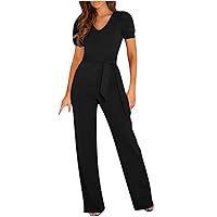 Women's Dressy Casual Jumpsuits Solid High Waist Outfits Strappy Waist Up Long Rompers V Neck Wide Leg Onesie Pants