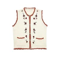 Women O Neck Flower Embroidery Contrast Color Patchwork Knitting Vest Jacket Ladies Pocket Waistcoat Tops