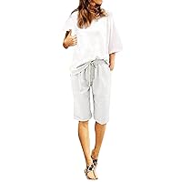 Cropped Pants Women Summer Cotton Linen Pants Plus Size High Waisted Shorts Lacing Beach Workout Pocket Lounge Five