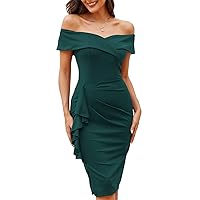 JASAMBAC Off The Shoulder Dresses for Women Formal Elegant Ruffle V Neck Pleated Stretchy Retro Business Cocktail Bodycon Pencil Dress Green L