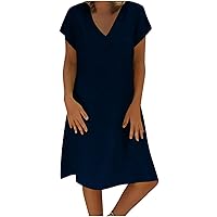 Women's Cotton Linen Dress Solid Color Summer Casual Short Sleeve Beach Dresses V Neck Loose Fit 2023 Trendy Dresses