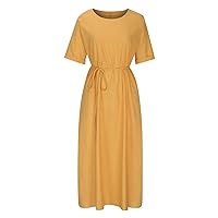 Linen Dresses for Women Casual Summer Maxi Dress 2023 Trendy Slit Long Sundresses Fashion Short Sleeve Pocket Dress