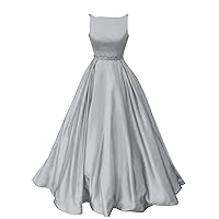 Prom Dresses Long Satin A-Line Formal Dress for Women with Pockets Light Grey Size 10