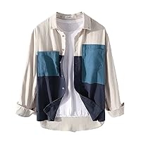 Tops Men' Cotton Colorblock Patchwork Loose Blouse Casual Streetwear Male Pockets Long Sleeve Shirts