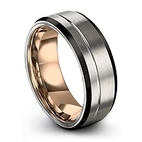 Tungsten Wedding Band Ring 6mm for Men Women Bevel Edge Grey Black 18K Rose Gold Offset Line Brushed Polished