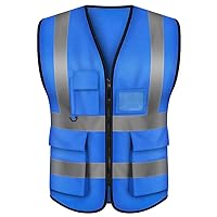 5 Pockets High Visibility Zipper Front Breathable Safety Vest with Reflective Strips, Uniform Vest-Blue-XL