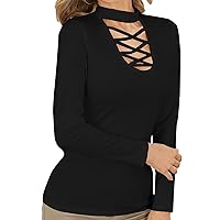 Womens Casual Crewneck Long Sleeve Fashion Casual Criss Cross T-Shirt Blouse Loose Fit Hollow Solid Color Pullover Tops