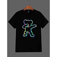 Mens T-Shirt Men Reflective Bear Print Tee Casual T-Shirt (Color : Black, Size : Large)