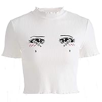 Women's Fashion Tight T Shirts Basic Short Sleeve Comic Tearful Eyes Pattern High Neck Crop Top