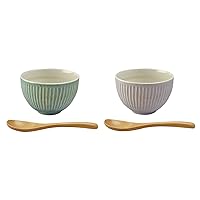 Aito Seisakusho Ripple 266341 Cereal Bowl Pot with Wooden Spoon, Pair Set, Approx. 4.3 inches (11 cm), Microwave, Dishwasher Safe, Beige/Green, Mino Ware