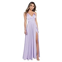 Women's Spaghetti Strap V Neck Bridesmaid Dresses Long Satin Formal Evening Gowns with Slit Pockets R004