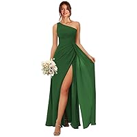 One Shoulder Bridesmaid Dresses for Women Ruched Chiffon A Line Evening Formal Gown with Slit M028