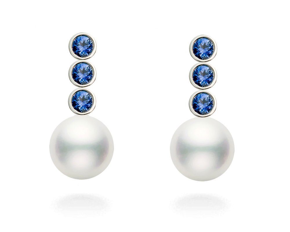 14k White Gold AAAA Quality Japanese Akoya Cultured Pearl Blue Sapphire Dangle Earrings for Women - PremiumPearl