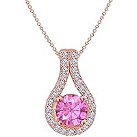 Created Round Cut Pink Sapphire & White Diamond 925 Sterling Silver 14K Gold Over Diamond Halo Pendant Necklace for Women's & Girl's