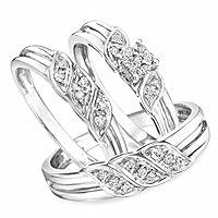 Round Cut Cubic Zirconia Wedding Trio Ring Set 14k White Gold Plated 925 Sterling Silver.