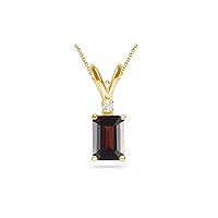 January Birthstone - Diamond Accented Garnet Solitaire Pendant AAA Emerald Shape in 14K Yellow Gold Available from 7x5mm - 14x10mm