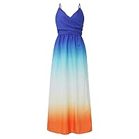Cute Dresses for Women, Summer Wrap Maxi Dress Casual Boho Print V Neck Spaghetti Strap Ruffle Hem Split Beach Long Dresses Women Floral Spring Dresses 2024 Bodycon Dress (M, Blue)