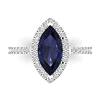 2.38ct Marquise Cut Solitaire Halo Genuine Simulated Blue Sapphire Engagement Promise Anniversary Bridal Ring 18K White Gold