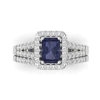 Clara Pucci 1.60ct Emerald Cut Halo Solitaire Blue Sapphire Simulant Engagement Promise Anniversary Bridal Ring Band set 18K White Gold