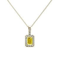 Emerald Cut Yellow Sapphire & Natural Diamond 3/4 ctw Women Halo Pendant Necklace. Included 18 Inches Chain 14K Gold