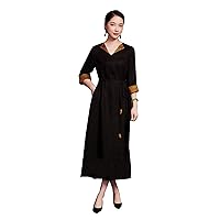 Women Silk Fragrant Cloud Yarn Dress Gold Black V Collar Coat High Waist Elegant Overcoat Dress 2532