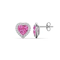 Heart Shape Created Pink Sapphire & Round Natural Diamond 3.24 ctw Women Heart Shape Halo Stud Earrings 14K Gold