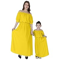 EFOFEI Mom and Baby Off Shoulder Chiffon Half Puffer Sleeve Casual Long Maxi Dress