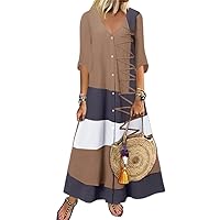 Summer Women' V-Neck - Dress Patchwork Print Button-Down Shirt Casual Beach Long Skirt