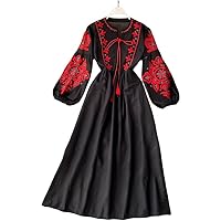Women Embroidered Flower Bohemian Dresses O-Neck Lantern Sleeve High Waist Pleated Dress Black Color 120 cm Length