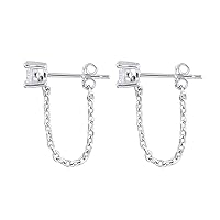 Solid 925 Sterling Silver CZ Chain Studs Earrings Dangle for Women Teen Girls CZ Chain Drop Earrings Studs